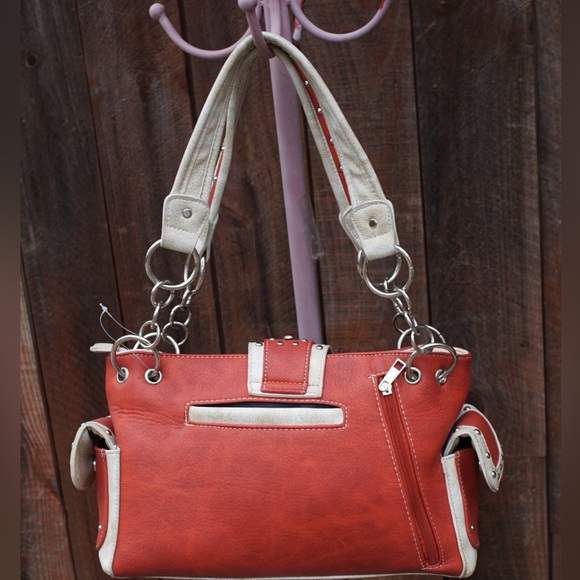 Orange and Turquoise Studded Accented Western Style Satchel Handbag - Picture 3 of 16